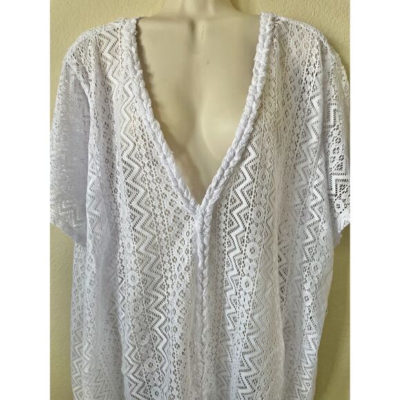 Time and Tru Women White V-Neck Wavy Crochet Drop Short Sleeve Cover Up Size L - Picture 7 of 13